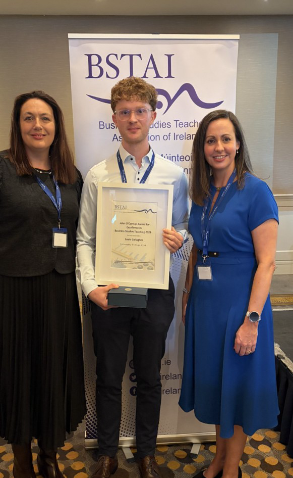 Louis Gallagher receives his award for the Business Studies Teachers’ Association of Ireland: John O’Connor Award 2026