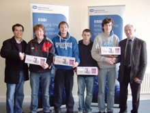 Scoil Mhuire, Kanturk seen receiving their prize of an iPod docking station each, kindly sponsored by ESBI. (Photo L-R: Dr. William Phang, ESBI; Brian Leahy, Tony Fitzpatrick, Joseph Murphy, Bill Healy; Mr. Mick Mackey, ESBI)
