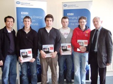 Hamilton High School, seen here receiving their prize of a portable DVD player each, kindly sponsored by ESBI. (Photo L-R: Dr. William Phang, ESBI; James O’Flynn, Don Lynch, Alistair White, Denis Coffey; Mr. Mick Mackey, ESBI)