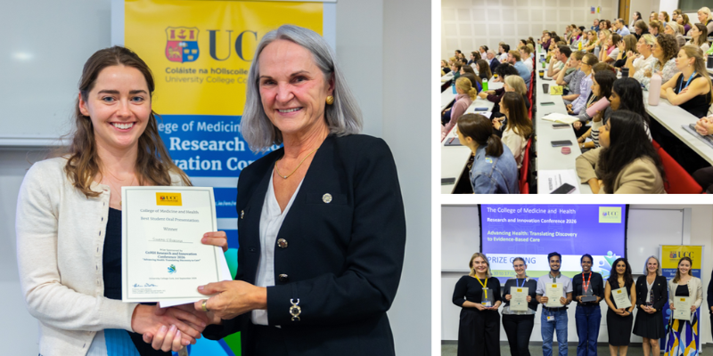 Prize winners at our CoMH Research and Innovation Conference with Prof. Whelton and Prof. O'Keeffe. L-R: Katie E. Johnston (Cancer Research @UCC), Emilie Aloeristok (School of Medicine), Sauranil Guha (School of Pharmacy), Dr Indira Priya Siva Venkatesh (APC Microbiome Ireland), Manya Gulati (School of Medicine), Prof. Helen Whelton (Head of College of Medicine and Health), Dr Sinéad O'Riordan (School of Public Health), Prof. Gerard O'Keeffe (Vice Head of Research and Innovation CoMH). Photos: Portia Cruz/UCC Creative Services. 