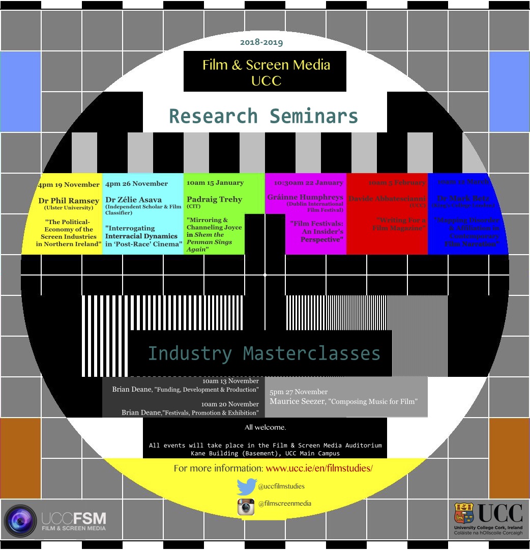 Film and Screen Media are proud to announce their line up of Research Seminars 2018-19. All Welcome.