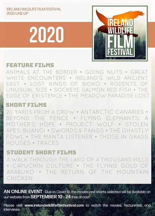 The Ireland Wildlife Film Festival 2020, Sep 10-24th.