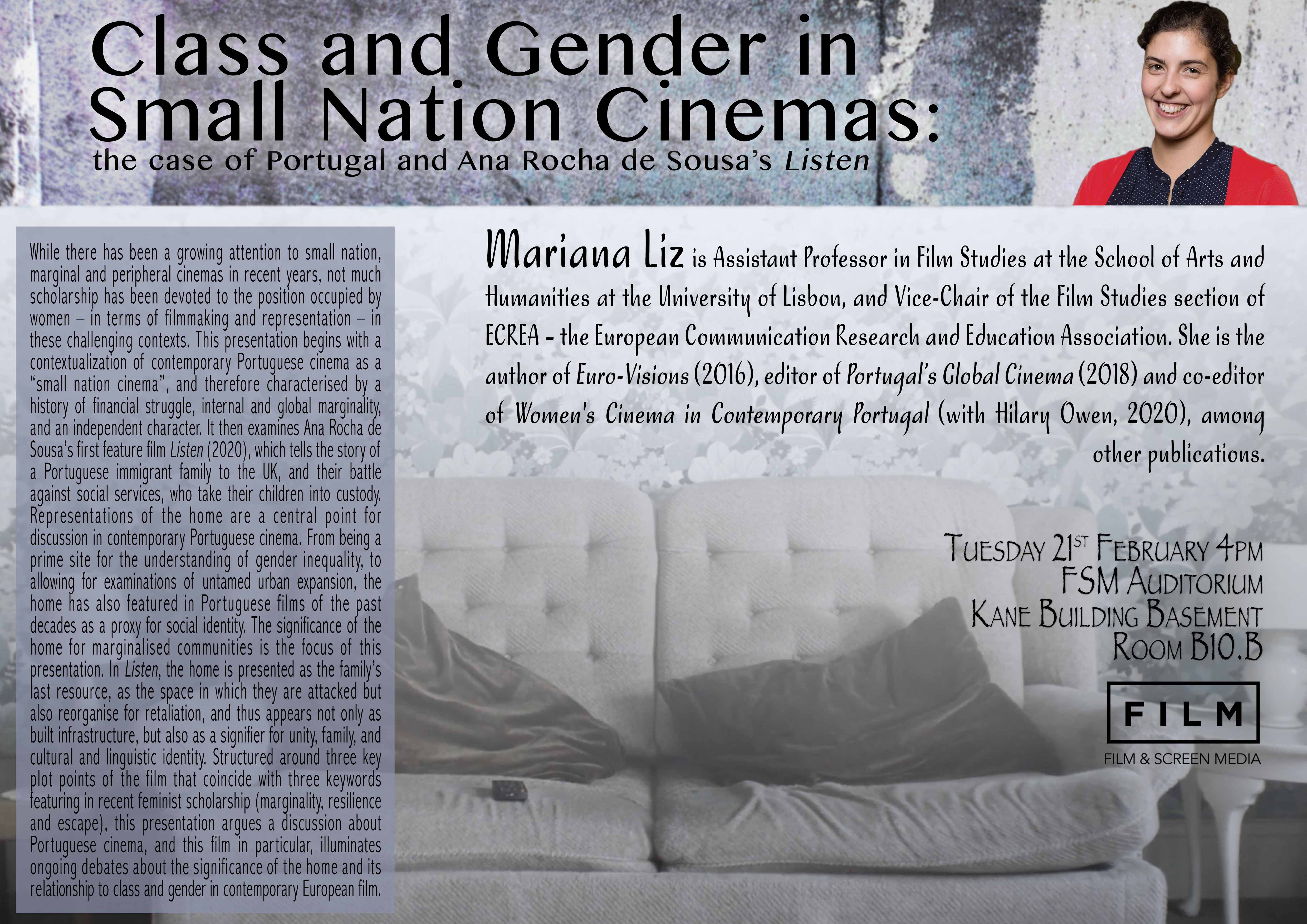 Mariana Liz - Class and Gender in Small Nation Cinemas. Tues 21st Feb @4pm