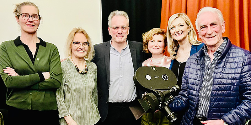 Photo - from left to right: IFI Head of Irish Film Programming, Sunniva O'Flynn, journalist Helena Mulkerns, Gael Linn Chief Executive Réamonn Ó Ciaráin, Áine Gallagher (comedian, Guerrilla Gaeilge Activist), Ciara Chambers (UCC) and Amharc Éireann cameraman Nick O’Neill.
