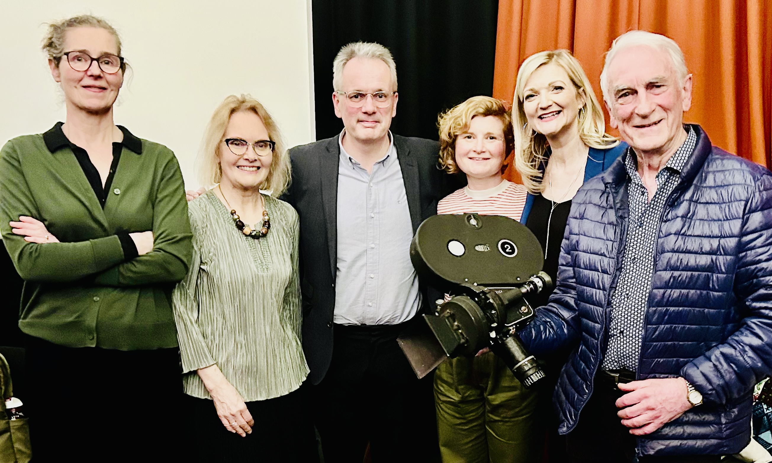 Photo - from left to right: IFI Head of Irish Film Programming, Sunniva O'Flynn, journalist Helena Mulkerns, Gael Linn Chief Executive Réamonn Ó Ciaráin, Áine Gallagher (comedian, Guerrilla Gaeilge Activist), Ciara Chambers (UCC) and Amharc Éireann cameraman Nick O’Neill.
