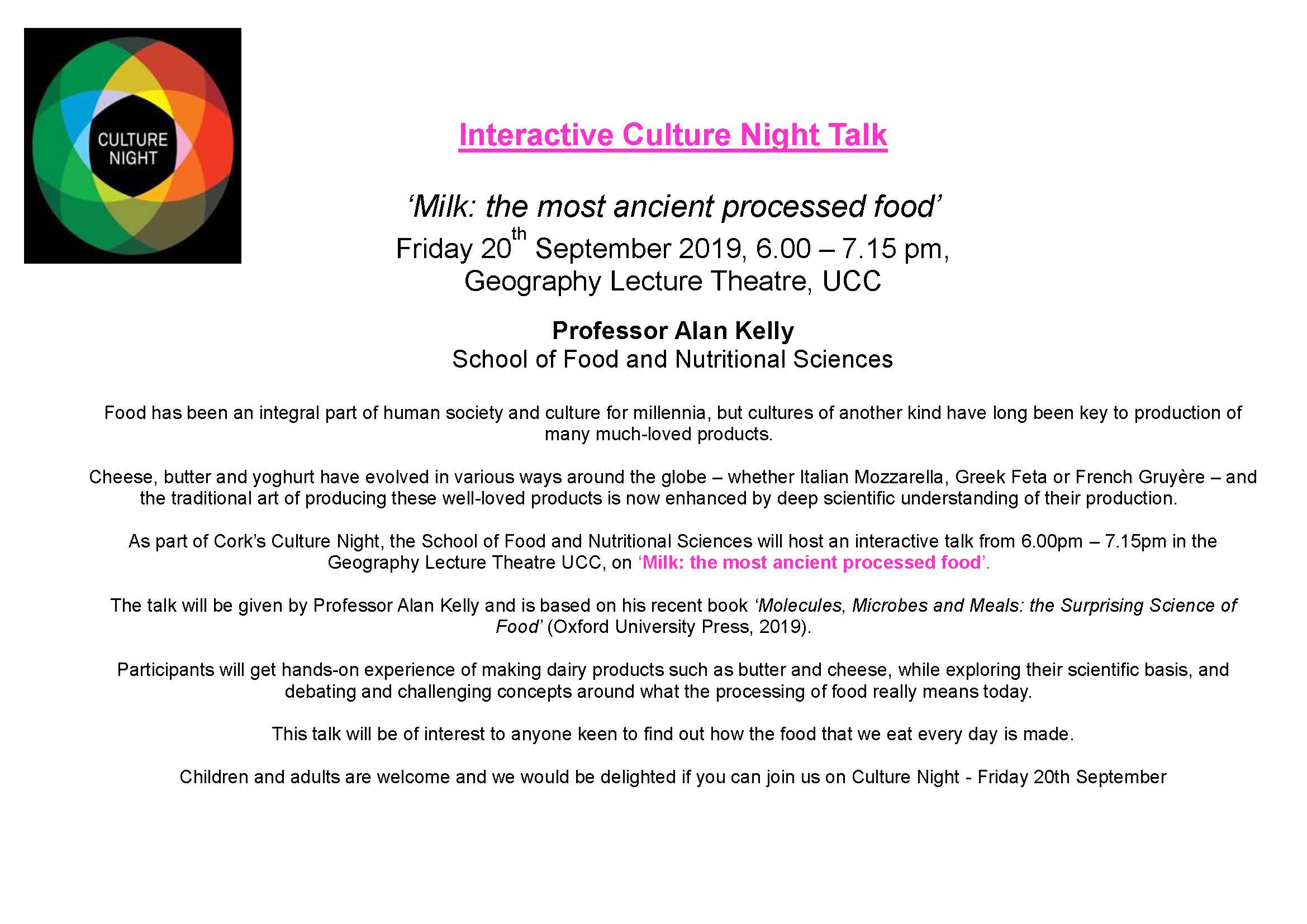 Culture Night September 19th 2019 - ‘Milk: the most ancient processed food’
