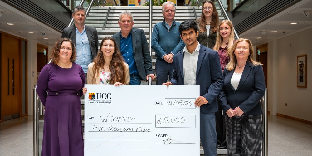 (L-R): Saba Loftus, UCC Advancement Office and Cork University Foundation; Kevin Dalton, UCC Innovation; Eamon Curtin, IGNITE; Declan Fox, AxisBIC; Sarah Phelan, AxisBIC; Katie Flynn, Local Enterprise Office South Cork; Honor Moore, Cork University Foundation; and CraveShift founders Tiziana Racca and Aritra Sinha, winners of the UCC Student Entrepreneur Competition 2026 Postgraduate Category.