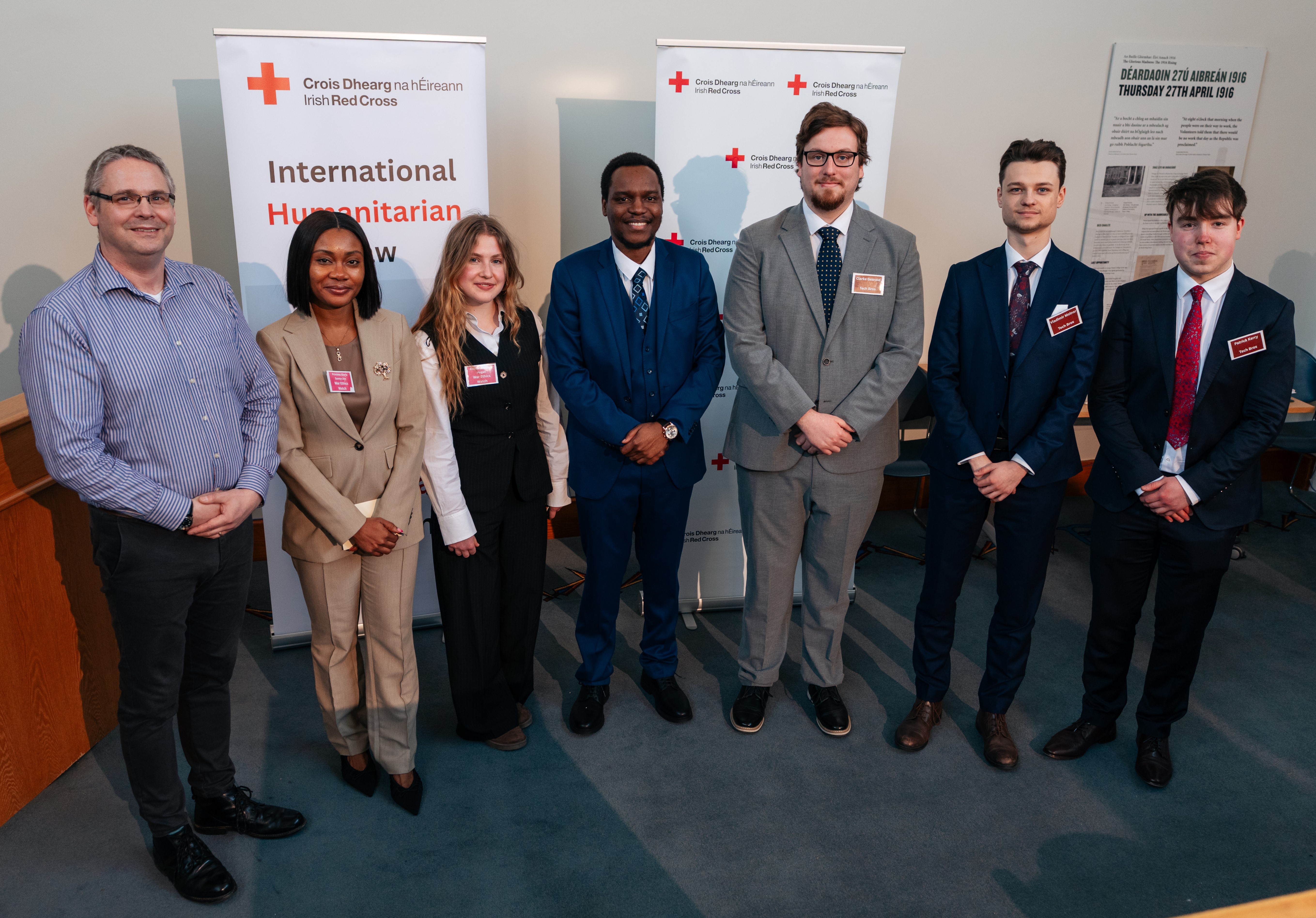 UCC teams at the Irish Red Cross Corn Adomnáin competition in Dublin (21.03.26): Dr Dug Cubie, Gloria Princess Sunny-Joe (LLM IHR), Eimear Hogan (LLM IHR), Tiyese Japhet Chirwa (LLM IHR), Gearoid Clarke (BCLI4), Vladimir Molnar (BCL2), and Patrick Kerry (BCLC4).