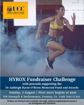 ad for Ashleigh Byrne HYROX evnet, picturing woman in ruinning kit, sprinting through gym.