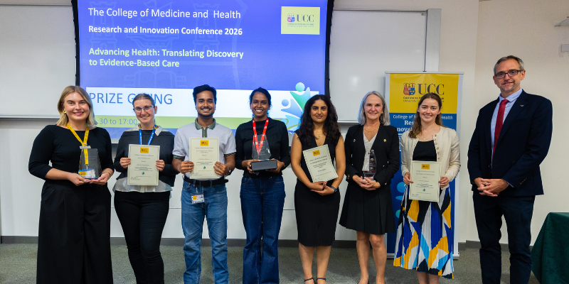 Prof Helen Whelton and Prof Gerard O’Keeffe with the prize winners at our CoMH Research and Innovation Conference. Photography: Portia Cruz, UCC
