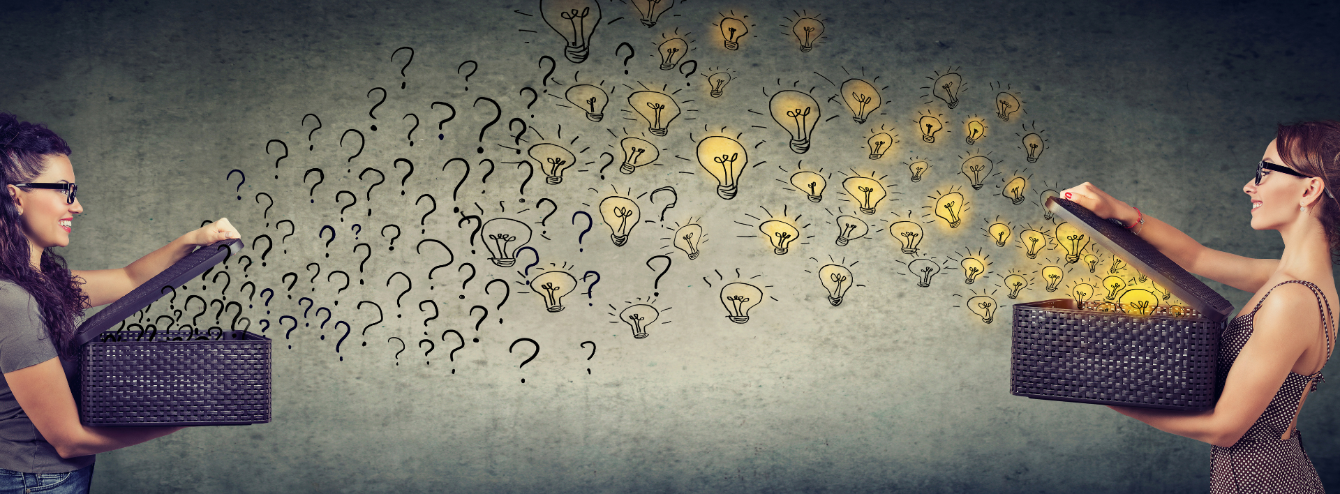 In the image are two women holding open boxes. To the left question marks fly out of the box and to the right light bulbs fly out of the box, depicting questions, answers and collaboration