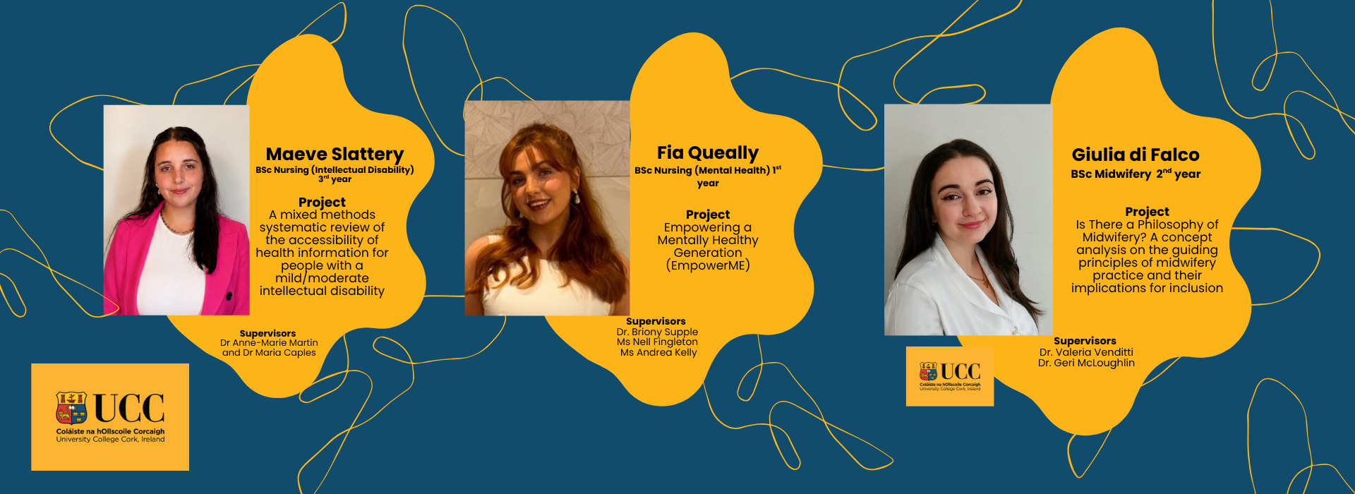 Student Undergraduate Research Experience (SURE) Awards 2026 awardees, (Left to right) Maeve Bridget Slattery (Intellectual Disability Nursing), Fia Queally (Mental Health Nursing), Giulia Di Falco (Midwifery)
