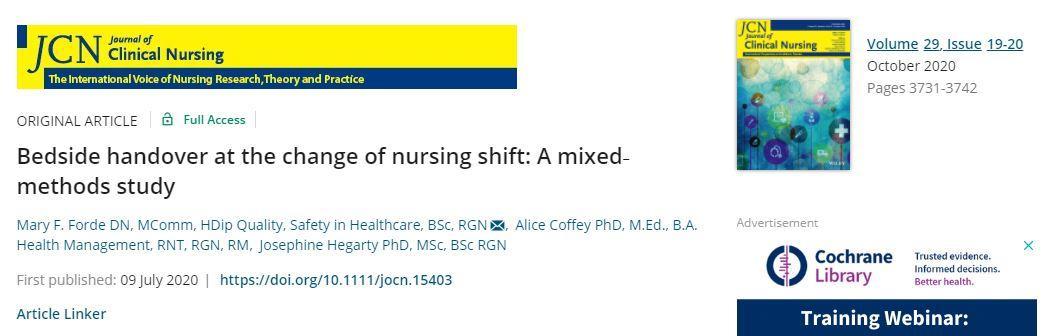 Dr Mary Forde: a graduate from the Doctorate of Nursing publishes her mixed methods research study in the Journal of Clinical Nursing