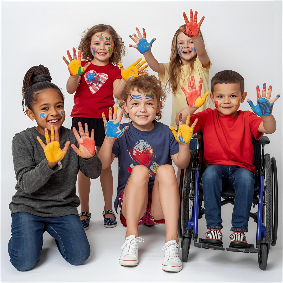 A group of five children standing and sitting together against a plain white background. They are holding their hands up, showing brightly painted palms in red, yellow, and blue colors. One child is seated in a wheelchair, while the others are standing or kneeling. The children are wearing casual clothes in various colors, including red, yellow, grey, and blue.