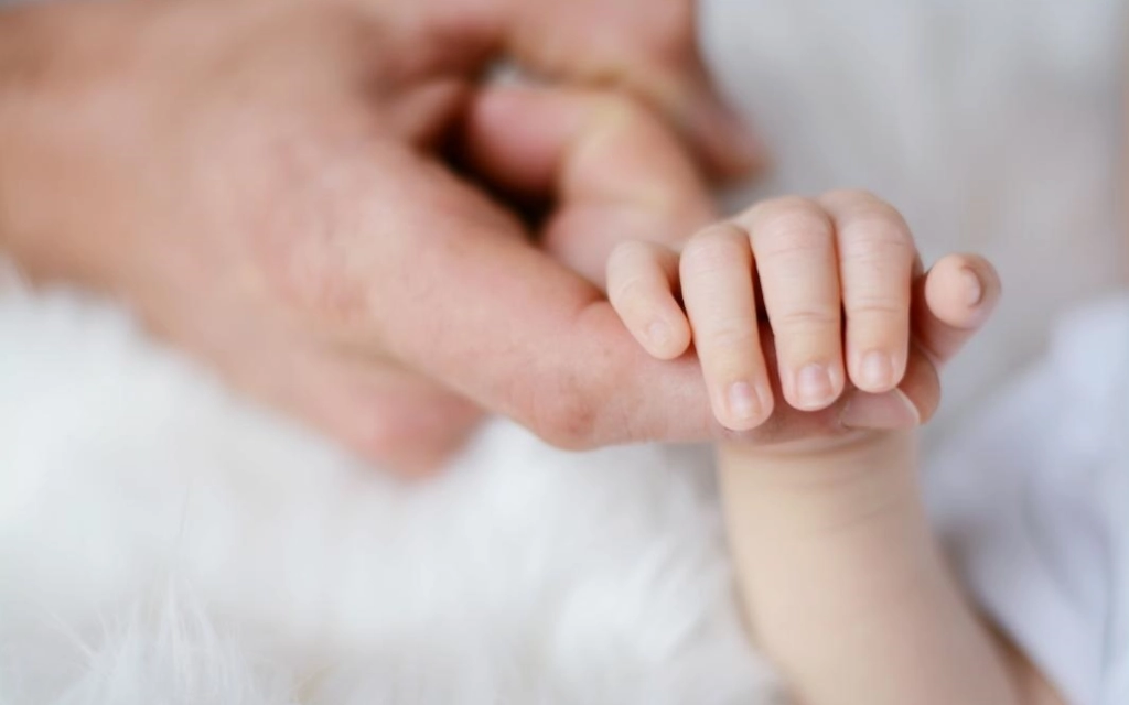 Close-up photgraph of baby's small hand gently grasping an adults finger.