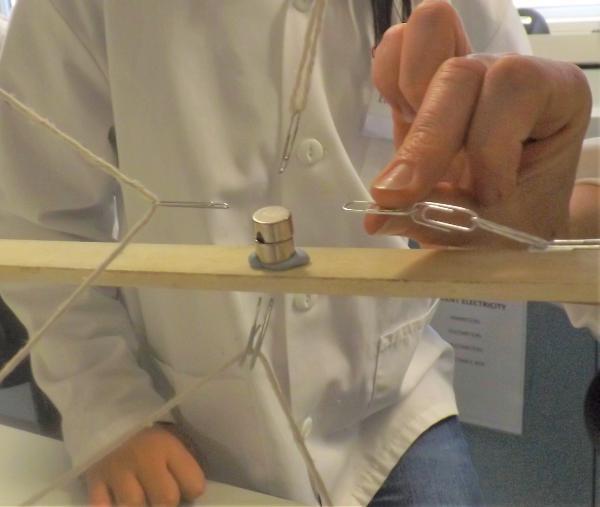 Paperclips tied to string being attracted towards a magnet