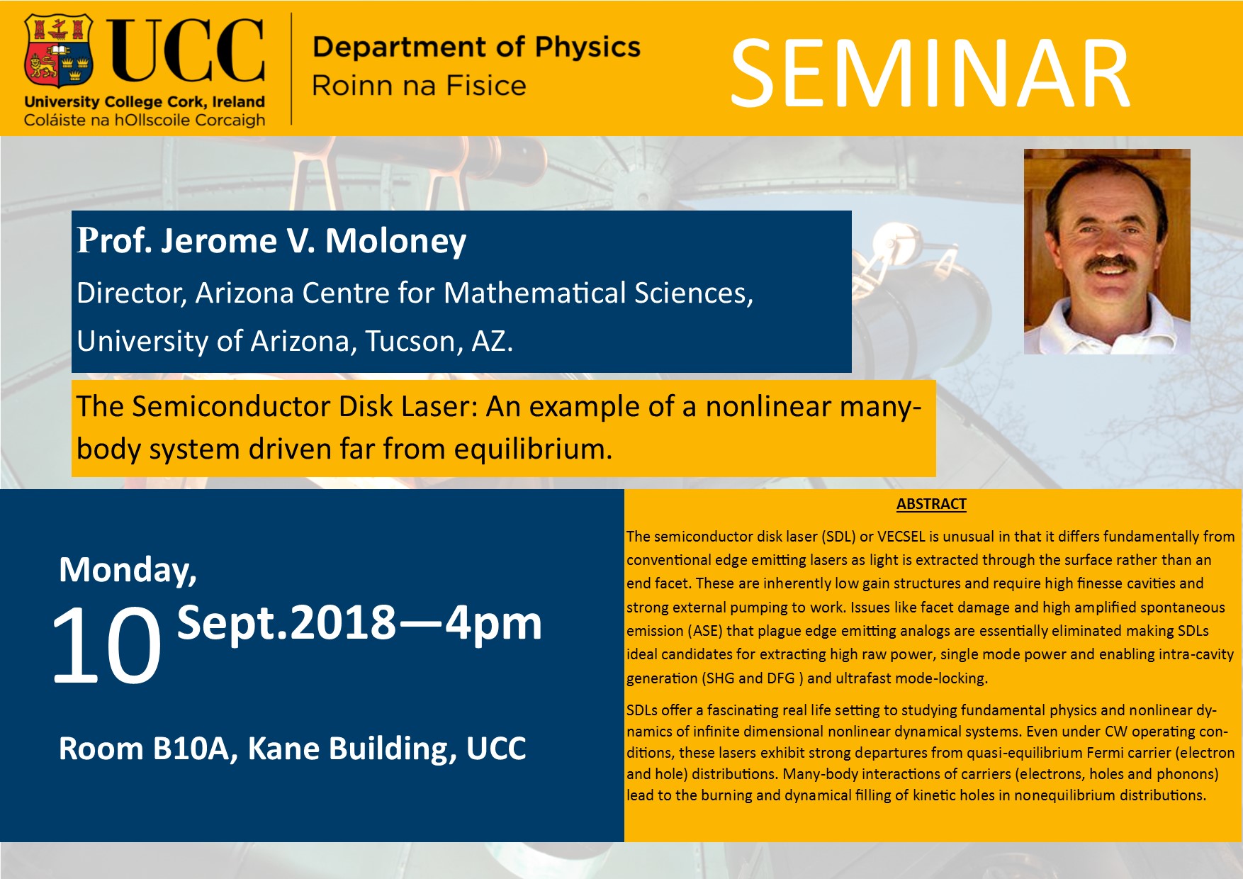 10 Sept 2018 Prof Jerome Moloney Seminar Poster