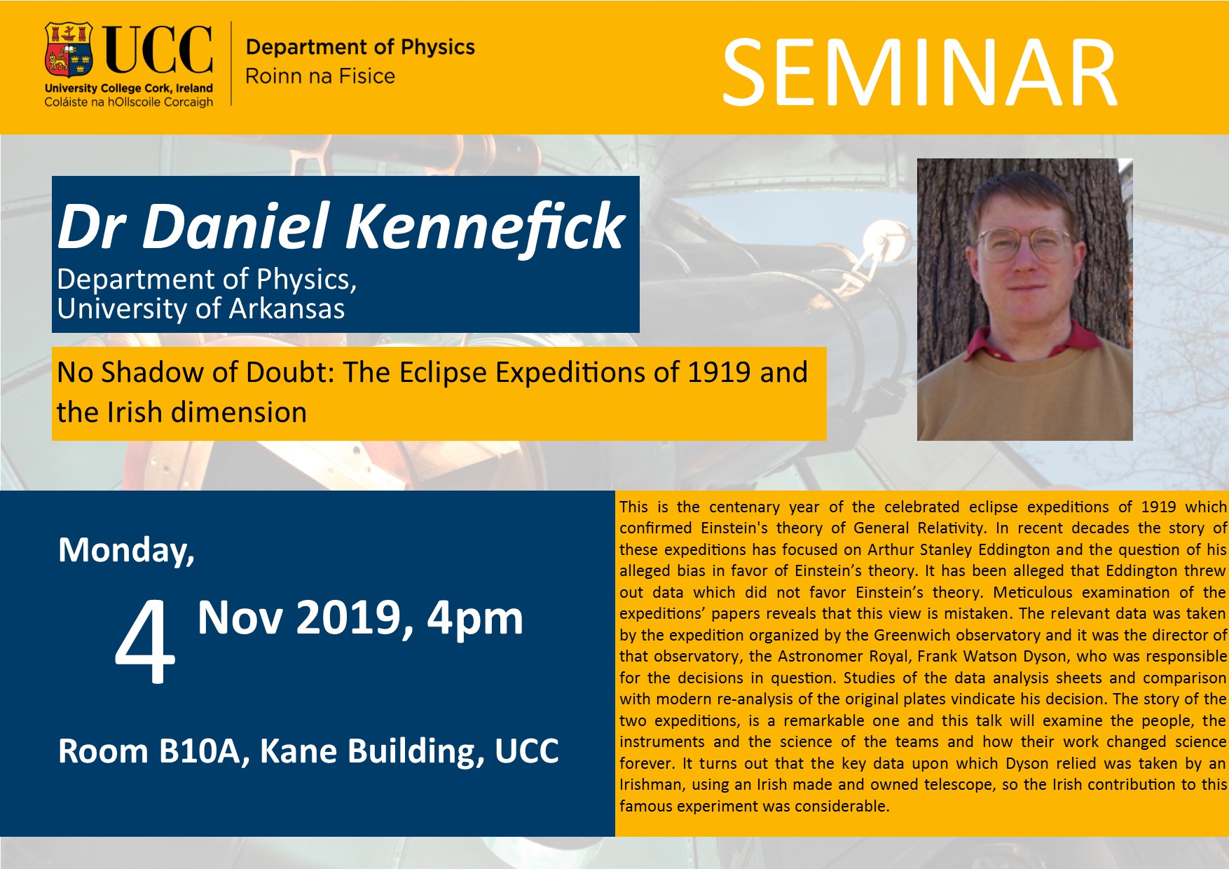 Daniel Kennefick 04 Nov 2019 Seminar Poster