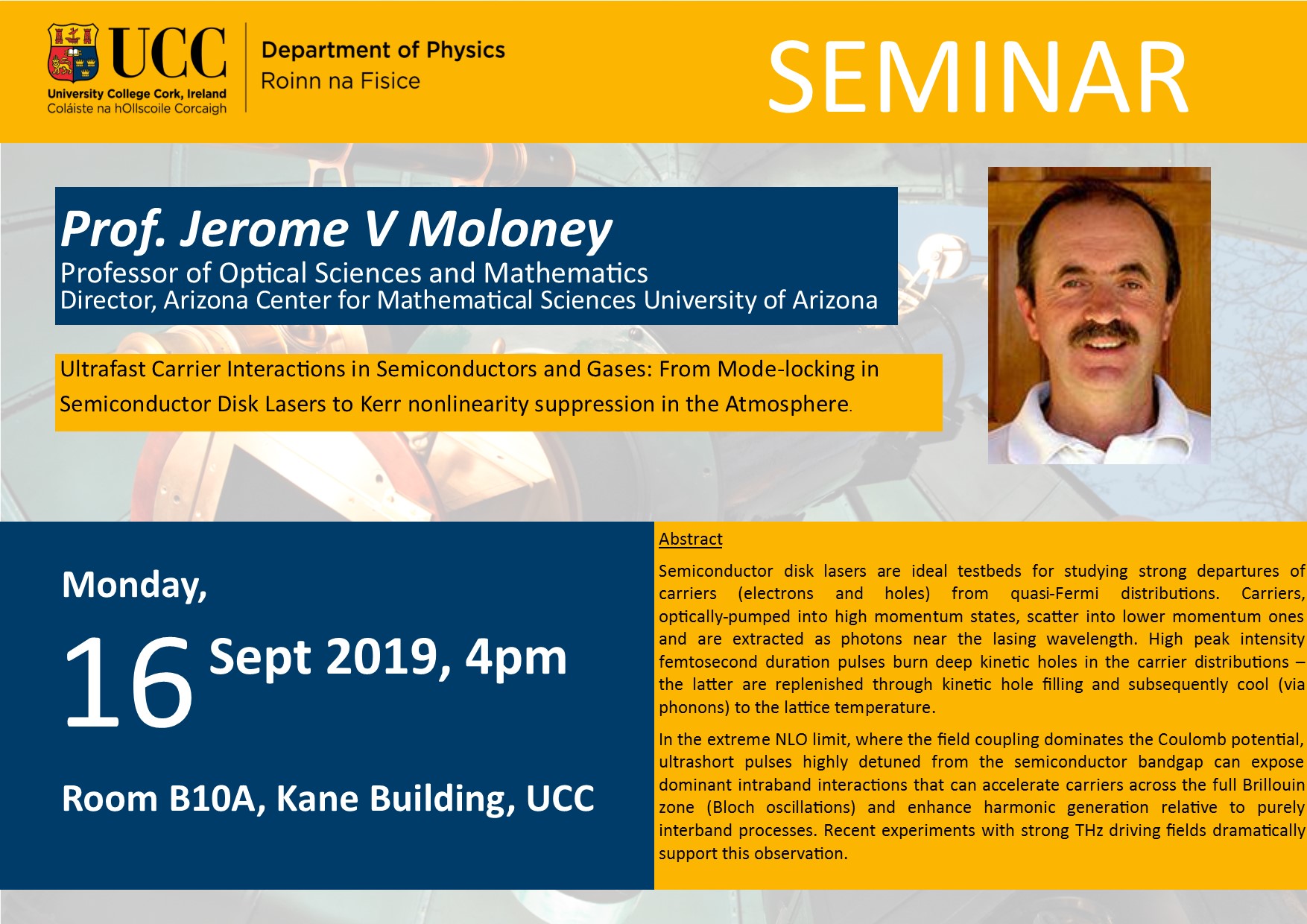 Seminar POster for Jerome V Moloney 16 Sept 2019