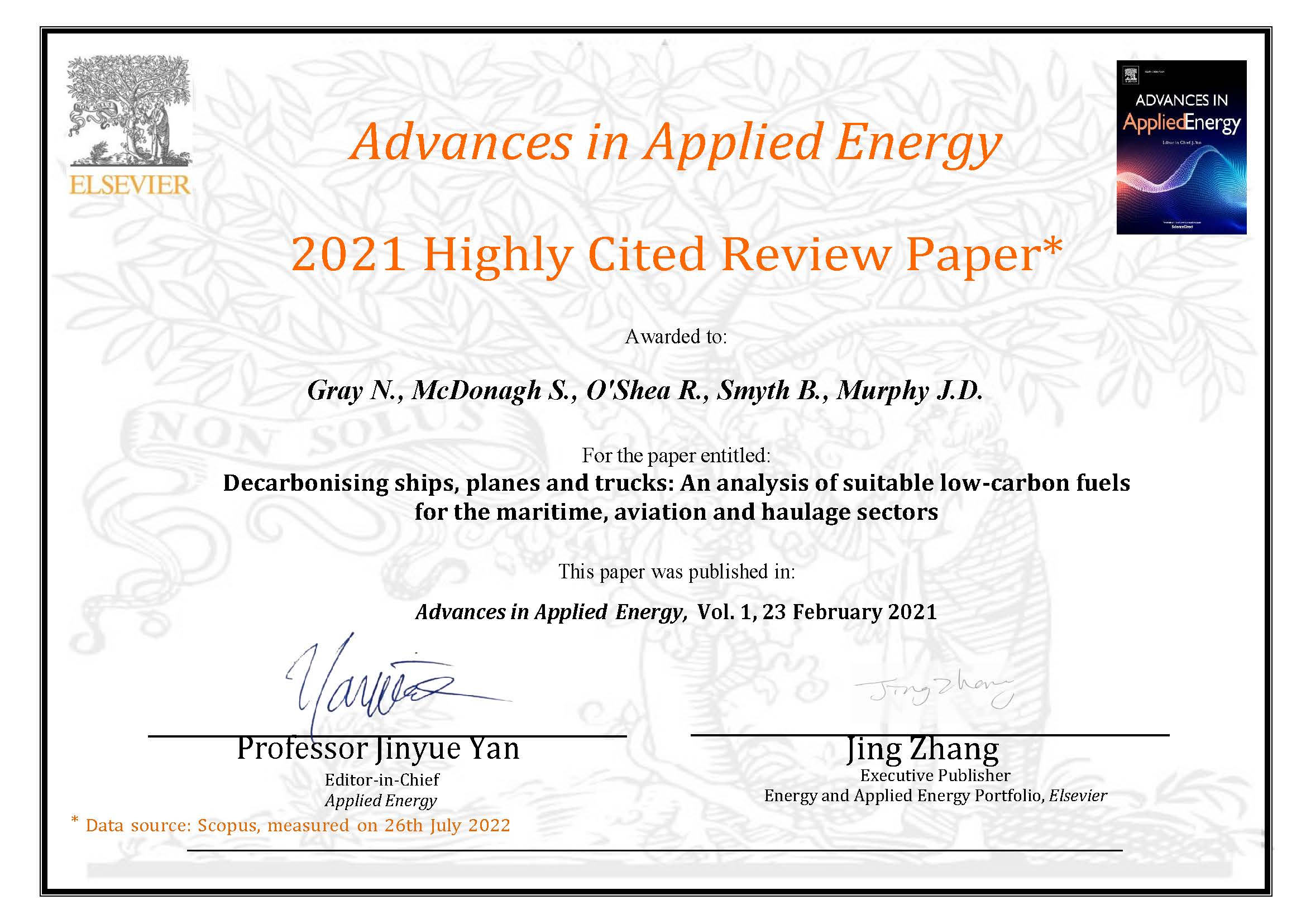 HIGHLY CITED PAPERS (2021) AWARDS by the Journal, ADVANCES IN APPLIED ENERGY
