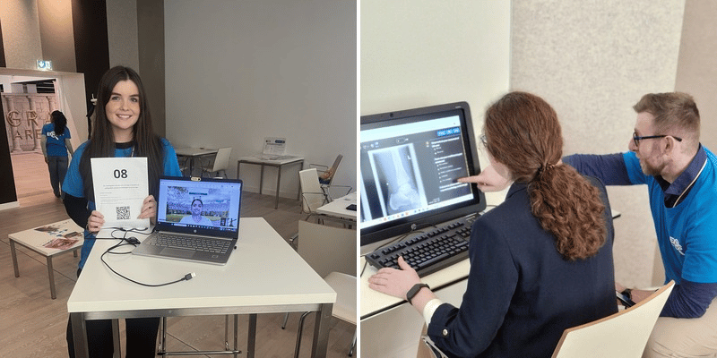Left: Ailíse Roche collecting interview data with Balwant Kaur, who joined the congress online. Right: Robbie Powell with a participant in his AI accuracy study. Left: Ailíse Roche collecting interview data with Balwant Kaur, who joined the congress online. Right: Robbie Powell with a participant in his AI accuracy study.
