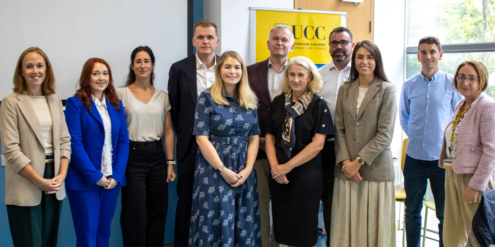 Speakers and prize sponsors at the MPharm Orientation and Business Seminar 2026: Dr Aoife Fleming, School of Pharmacy, UCC; Danielle Gillen, Uniphar; Laura Romero, Pharmaconex; Martin Hynes, McCabes Pharmacy; Thomas McDonald, JPA Brenson Lawlor; Shane O’Neill, Uniphar; Patrick Grace, Johnson & Johnson Innovative Medicine; Professor Abina Crean, School of Pharmacy, UCC; Louisa Power, APPEL; Clare Fitzell, Irish Pharmacy Union; and Laura Dillon, HSE Spark Innovation Programme.