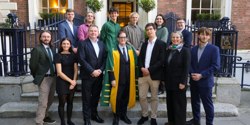 Winners of the 2026 Hamilton Prize in Mathematics picture with Danny McCoy, CEO Ibec, Professor Dan Carey, President Royal Irish Academy, Professor James Maynard, 2026 Hamilton Speaker, and Lynn Scarff, Executive Director, Royal Irish Academy (UCC's Liam Waldron is front row, far right)