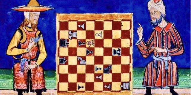 Illustration of a Jew and a Muslim in Andalusia playing chess that appears in the thirteenth century Libro de los Juegos (The Book of Games), commissioned by King Alfonso X (d.1284).