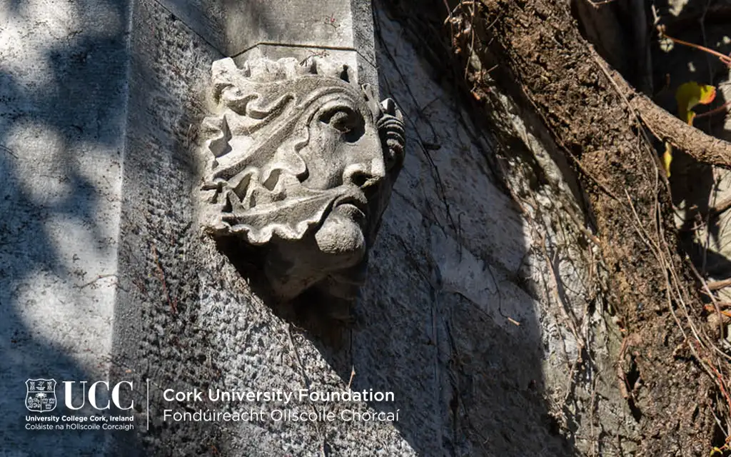 A stone carving of a face over a window at UCC