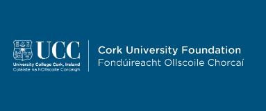 The Cork University Foundation logo in white on a blue background