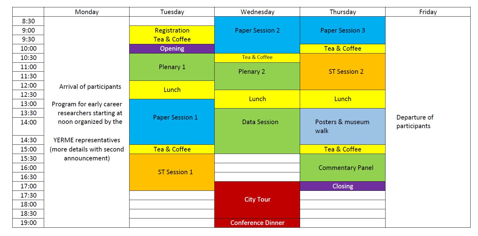 table with details for each day of the conference