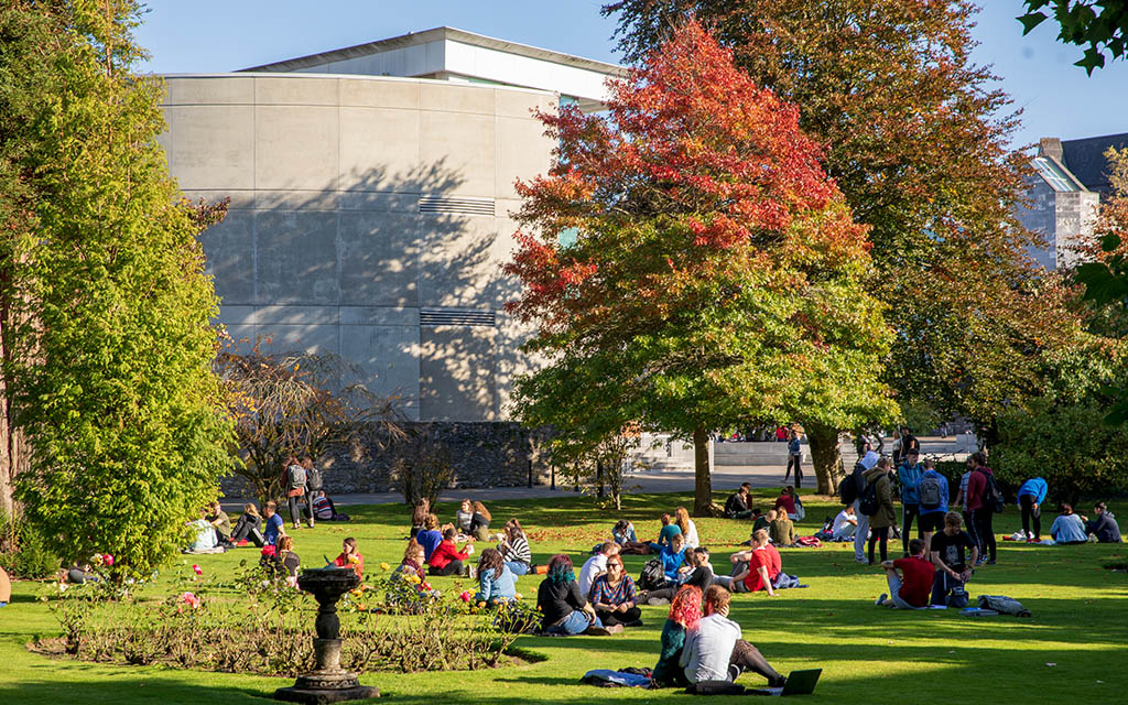 Students sitting in a sunny Presidents garden