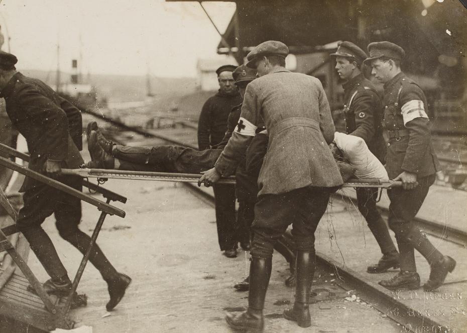 Taking one of the wounded back to the Lady Wicklow which formed the base hospital till the troops had advanced from Passage West, Co. Cork, to Cork City, NLI HOG 103