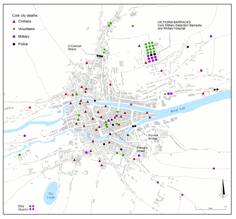 Map showing the location and affiliation of the combatant and civilian fatalities in Cork City during the Irish War of Independence, 1919-21