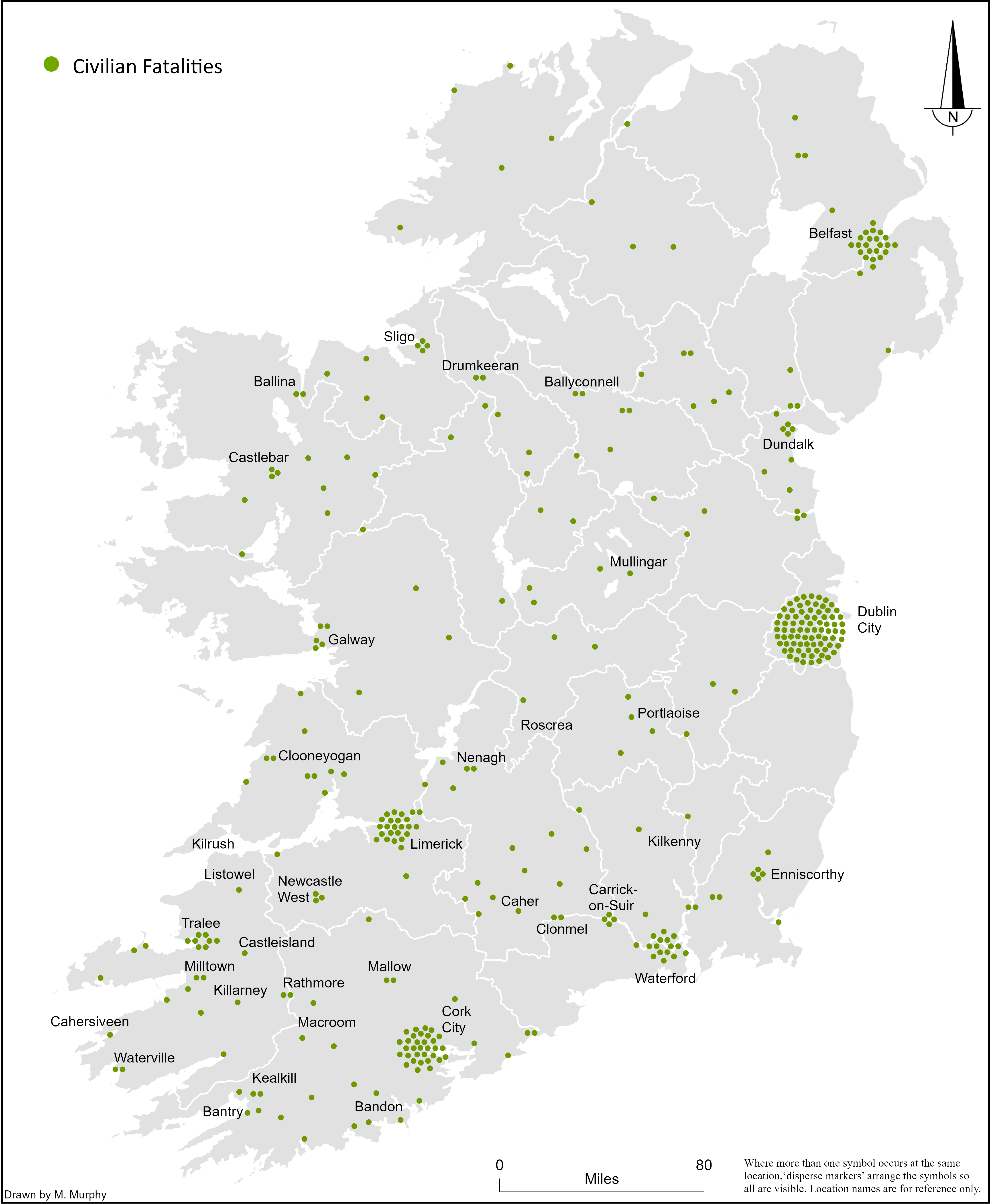Map showing the locations of civilian fatalities during the Irish Civil War