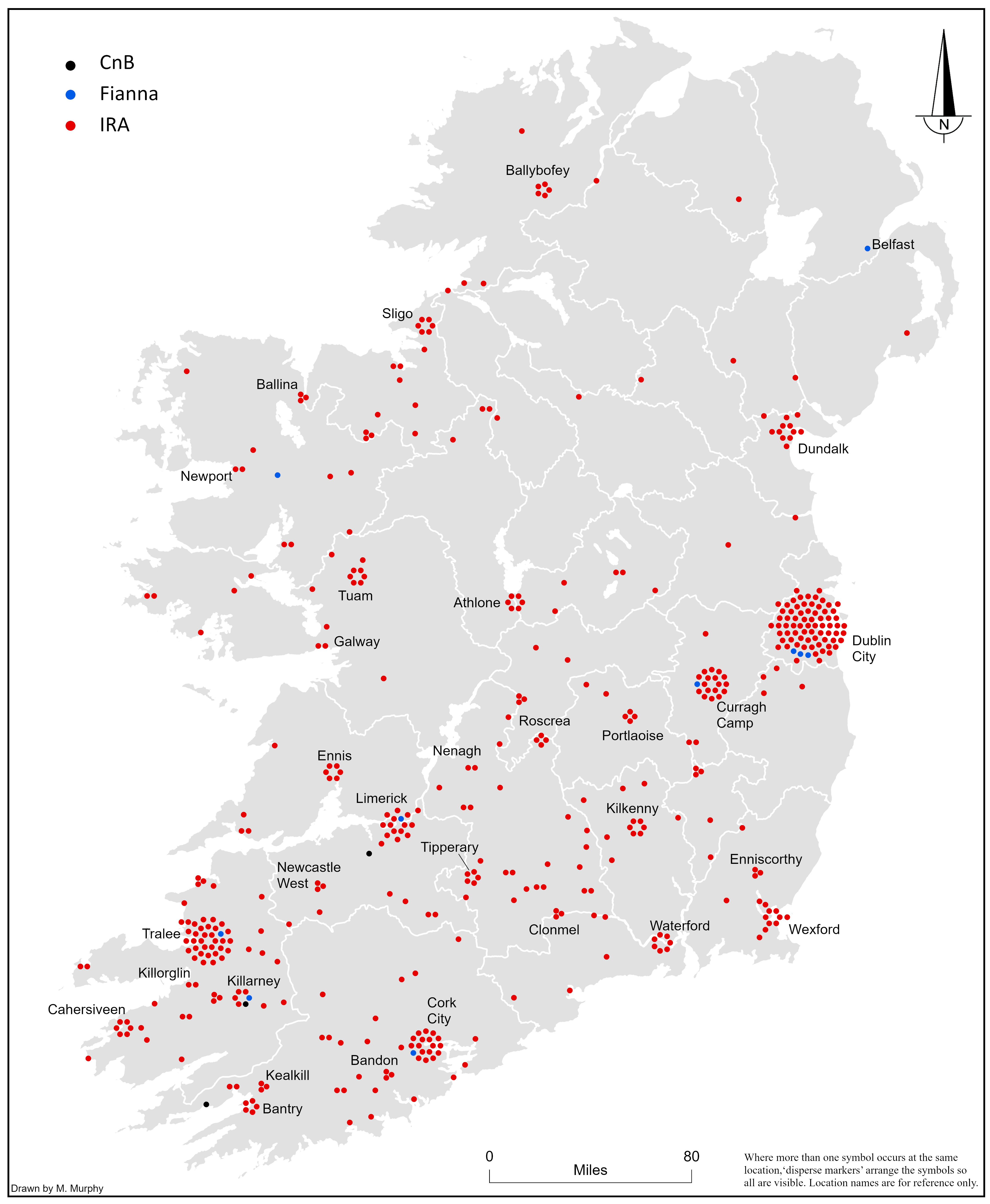 Map showing the location of republican fatalities during the Irish Civil War