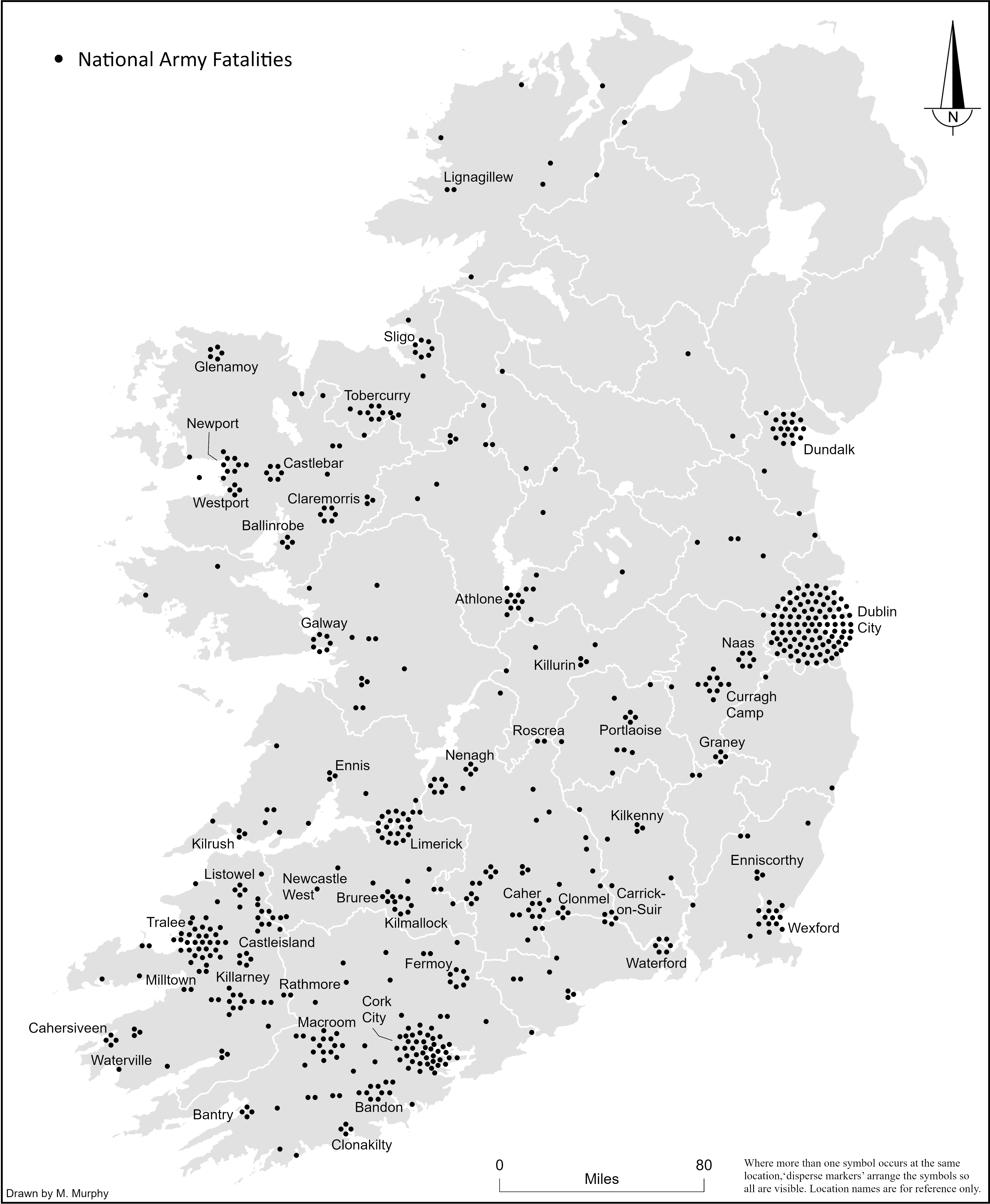 Map of the National Army Civil War fatalities in the 32 counties between 28 June 1922 and 24 May 1923