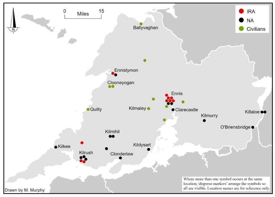 Map showing the location and affiliation of the 37 combatant and civilian fatalities in County Clare between 28 June 1922 and 24 May 1923.