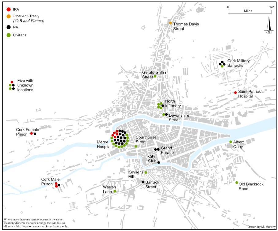 Map showing the location and affiliation of the combatant and civilian fatalities in Cork City between 28 June 1922 and 24 May 1923