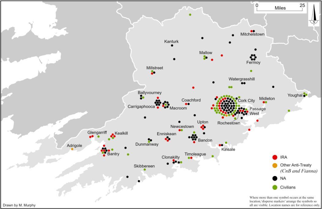 Map showing the location and affiliation of the 215 combatant and civilian fatalities in County Cork between 28 June 1922 and 24 May 1923