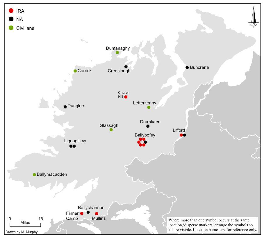 Map showing the location and affiliation of the twenty-four combatant and civilian fatalities in County Donegal between 28 June 1922 and 24 May 1923