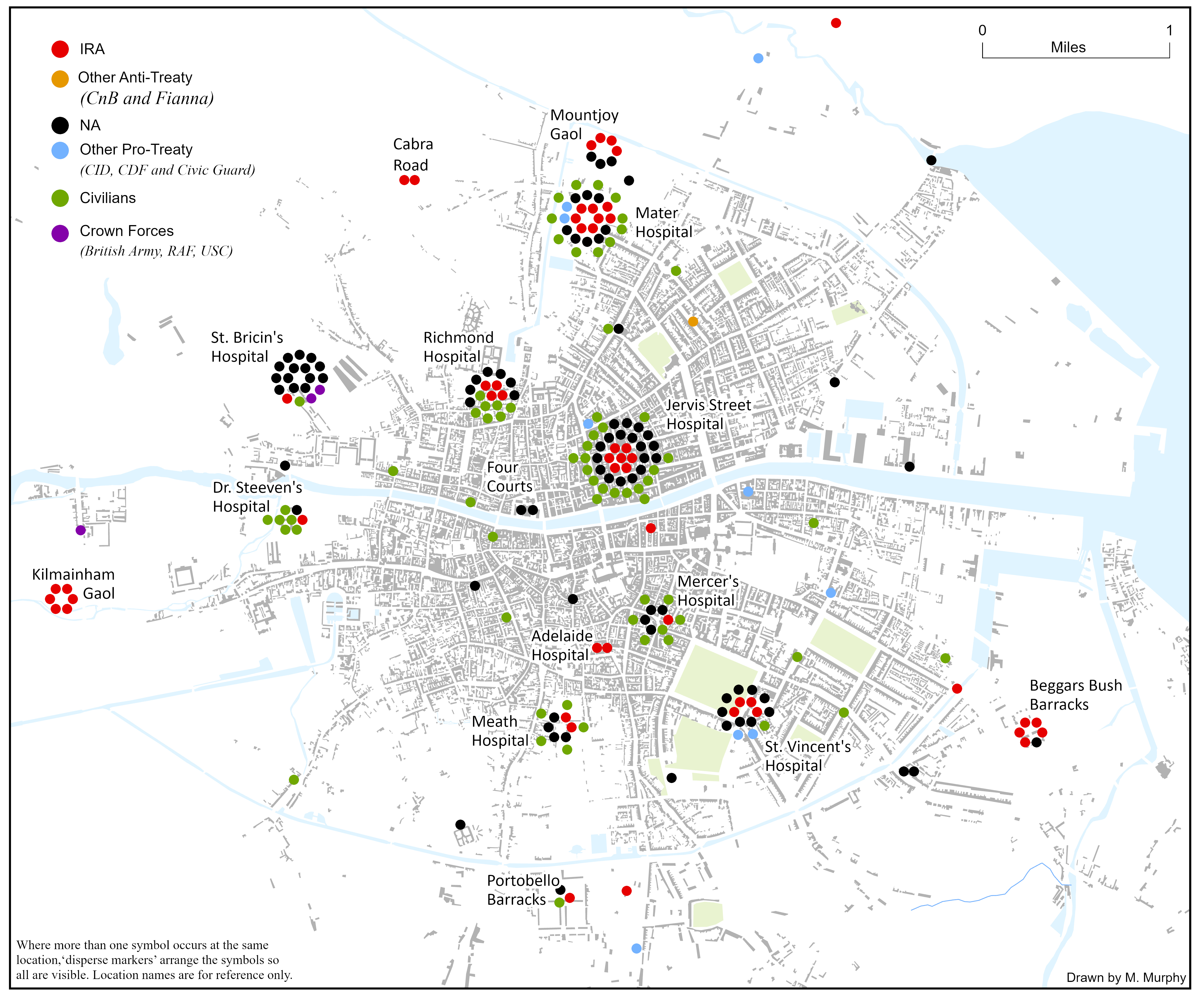Map showing the location and affiliation of the combatant and civilian fatalities in Dublin City during the Irish Civil War
