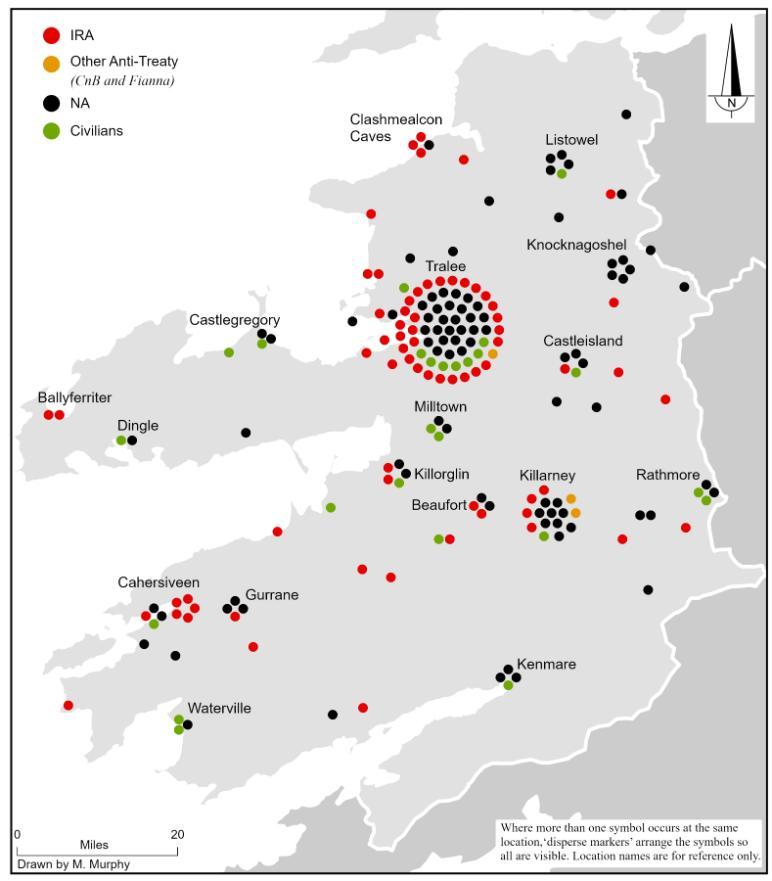 Map showing the location and affiliation of the 185 combatant and civilian fatalities in County Kerry during the Irish Civil War