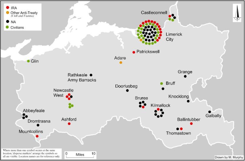 Map showing the location and affiliation of the 98 combatant and civilian fatalities in County Limerick between 28 June 1922 and 24 May 1923