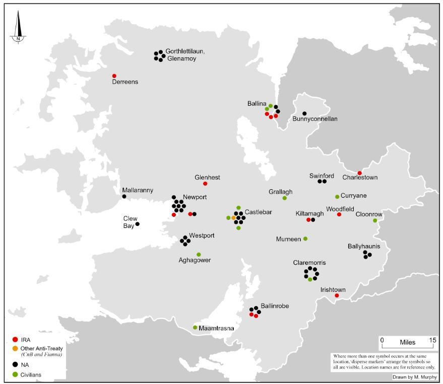 Map showing the location and affiliation of the seventy-three combatant and civilian fatalities in County Mayo between 28 June 1922 and 24 May 1923