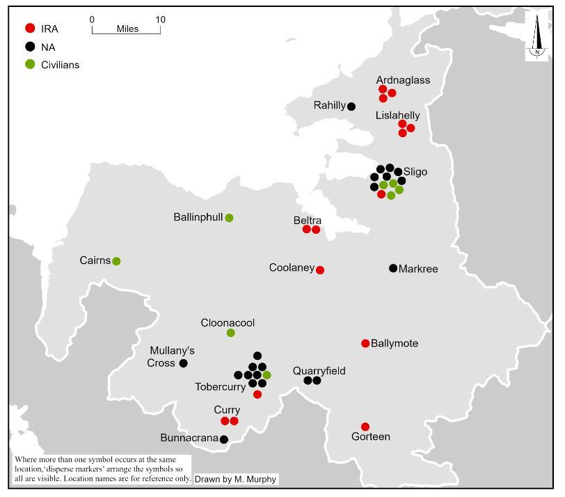 Map showing the location and affiliation of the 44 combatant and civilian fatalities in County Sligo during the Irish Civil War