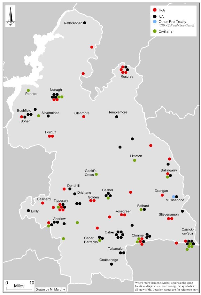 Map showing the location and affiliation of the 112 combatant and civilian fatalities in County Tipperary during the Irish Civil War
