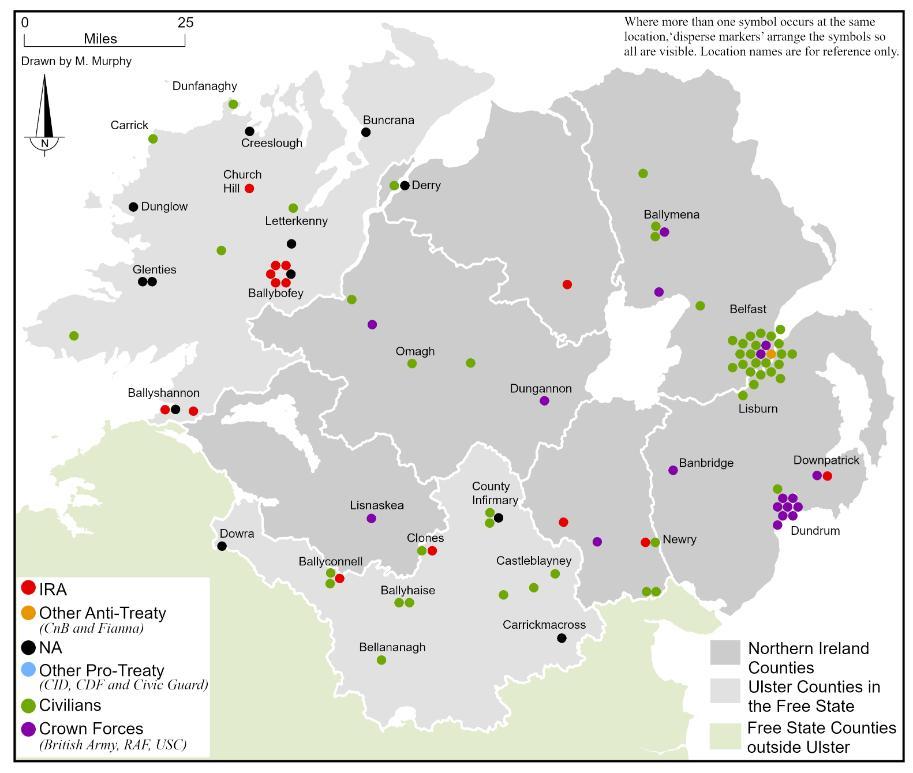 Map showing the location and affiliation of the combatant and civilian fatalities in Ulster during the Irish Civil War
