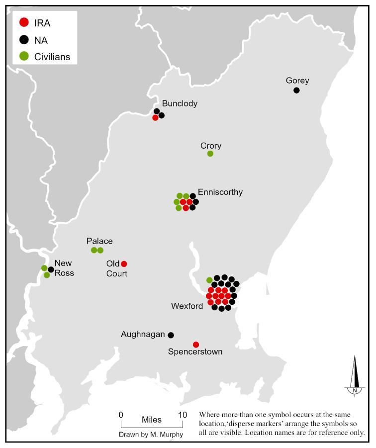 Map showing the location and affiliation of the forty-nine combatant and civilian fatalities in County Wexford between 28 June 1922 and 24 May 1923