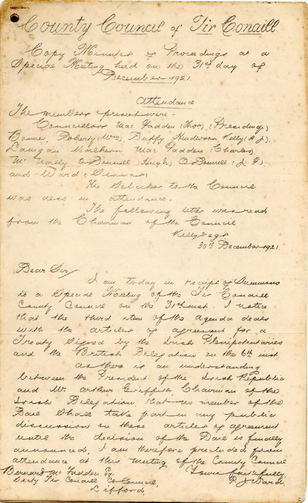 First page of the minutes of a special meeting of the Donegal County Council on 31 December 1921 during which the Treaty was discussed. [Image Courtesy of Donegal County Archives]